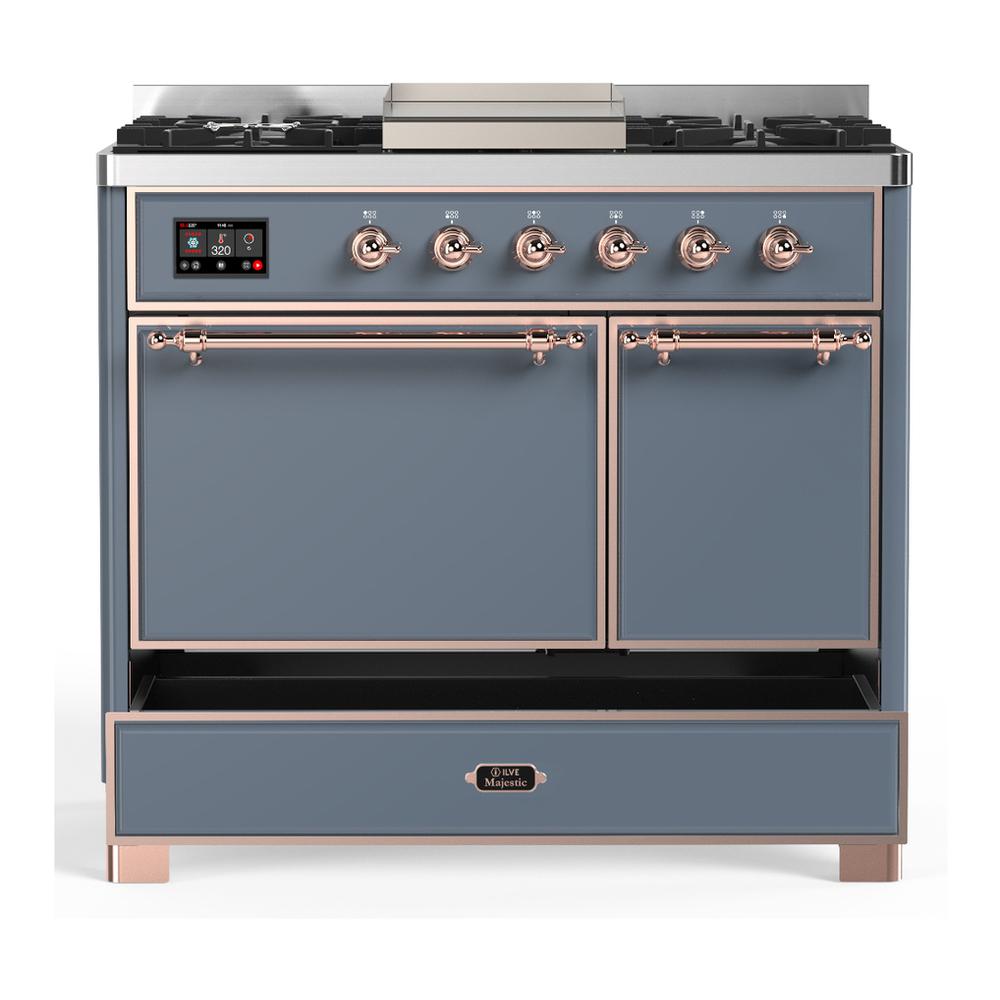 ILVE UMD40FQNR3BGP Majestic III 40 inch Dual Fuel Range with 6 Burners and Griddle, Dual Function Burner up to 25,000 BTU (Natural Gas, Solid Door, Blue Grey, Copper)