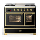 ILVE UMD40FNR3BKG Majestic III 40 inch Dual Fuel Range with 6 Burners and Griddle, Dual Function Burner up to 25,000 BTU (Natural Gas, Triple Glass Door, Glossy Black, Brass)