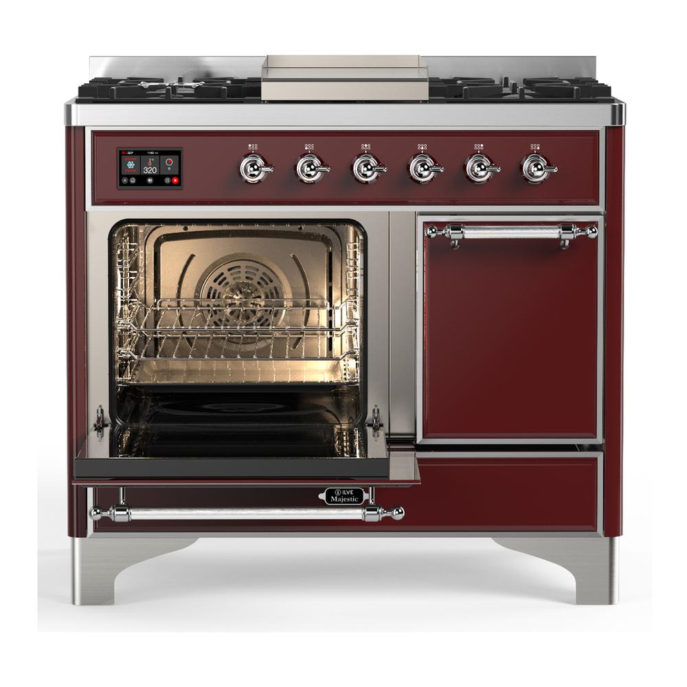 ILVE UMD40FQNR3BUC Majestic III 40 inch Dual Fuel Range with 6 Burners and Griddle, Dual Function Burner up to 25,000 BTU (Natural Gas, Solid Door, Burgundy, Chrome)