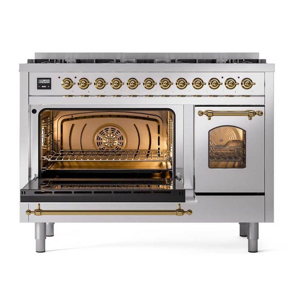 ILVE UP488NMPSSGLP Nostalgie II 48 inch Dual Fuel Range with 8 Total Black Brass Sealed Burners, Brass Trim (Limited Edition) (Liquid Propane, Stainless Steel)
