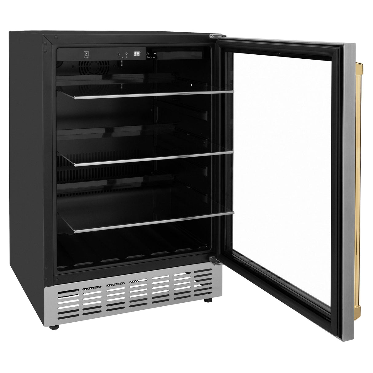 ZLINE 24" Autograph Edition 154 Can Beverage Cooler Fridge with Adjustable Shelves in Stainless Steel with Polished Gold Accents (RBVZ-US-24-G)
