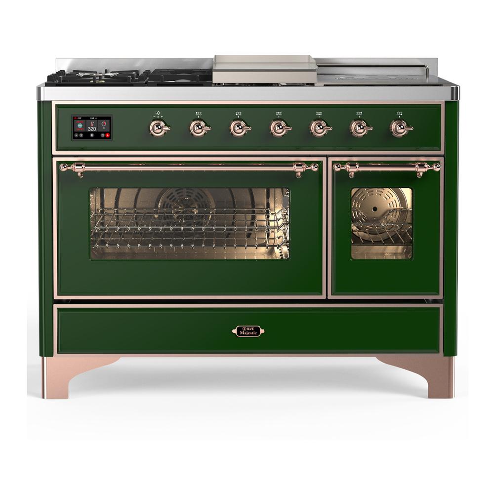 ILVE UM48FSNR3EGP Majestic III 48 inch Dual Fuel Range with 5 Black Brass Burners, Griddle and French Top, Dual Function Burner up to 25,000 BTU (Natural Gas, Triple Glass Door, Emerald Green, Copper)