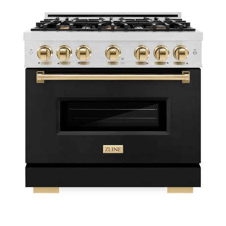 ZLINE Autograph Edition 36 in. 5.2 cu. ft. Classic Gas Range with 6 Burner Cooktop and Convection Gas Oven in DuraSnow' Stainless Steel with Black Matte Door and Polished Gold Accents (CGRSZ-BLM-36-G)