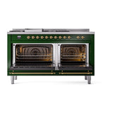 ILVE UN60FSNMPEGG Nostalgie II Noblesse 60 inch Dual Fuel Range (7 Sealed Burners + Griddle + French Top, Natural Gas, Triple Glass Door, Emerald Green, Brass)