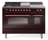 Nostalgie II 48 Inch Dual Fuel Liquid Propane Freestanding Range in Burgundy with Copper Trim