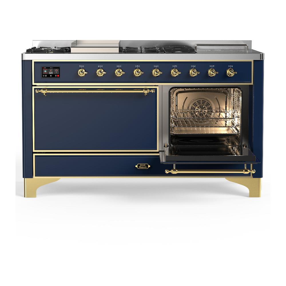ILVE UM60FSQNR3MBG Majestic III 60 inch Dual Fuel Range with 7 Burners, Griddle and French Top, Dual Function Burner with up to 25,000 BTU (Natural Gas, Solid Door, Midnight Blue, Brass)