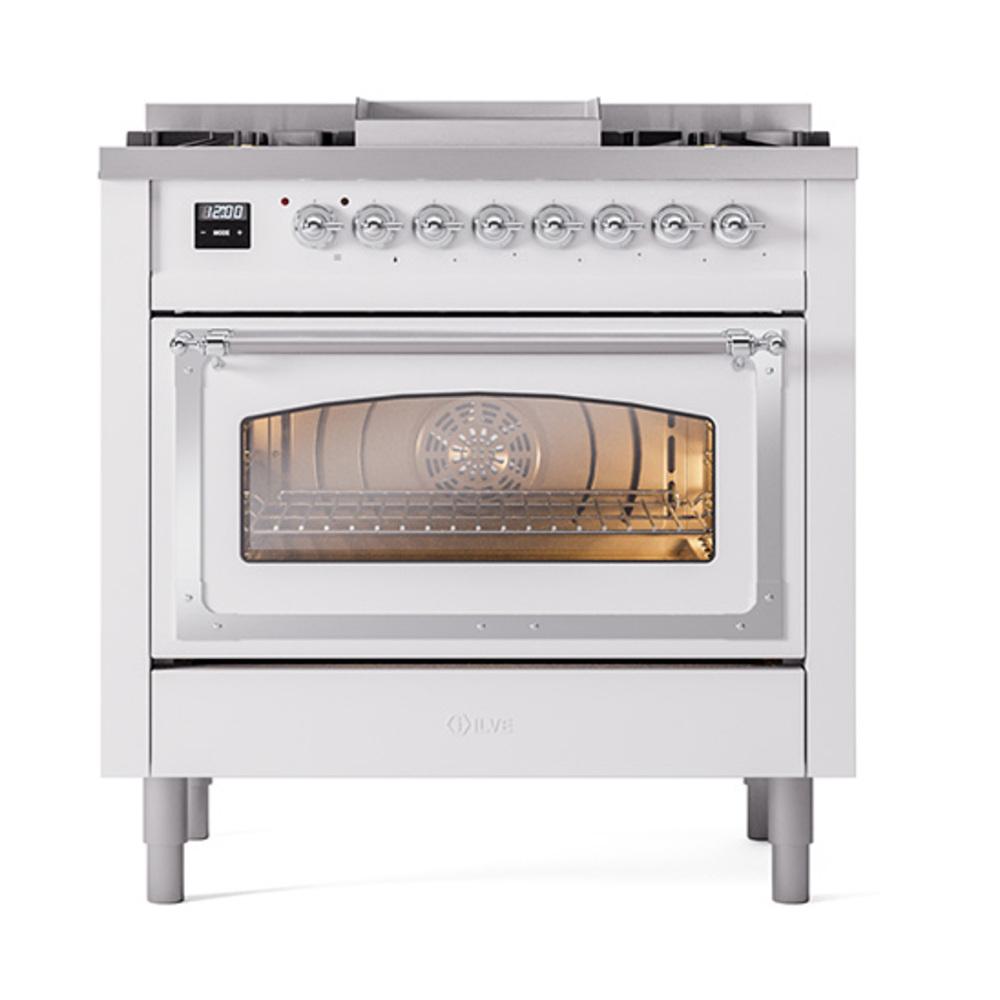 ILVE UN36FNMPWHC Nostalgie II Noblesse 36 inch Dual Fuel Range (Natural Gas, Triple Glass Door, White, Chrome)