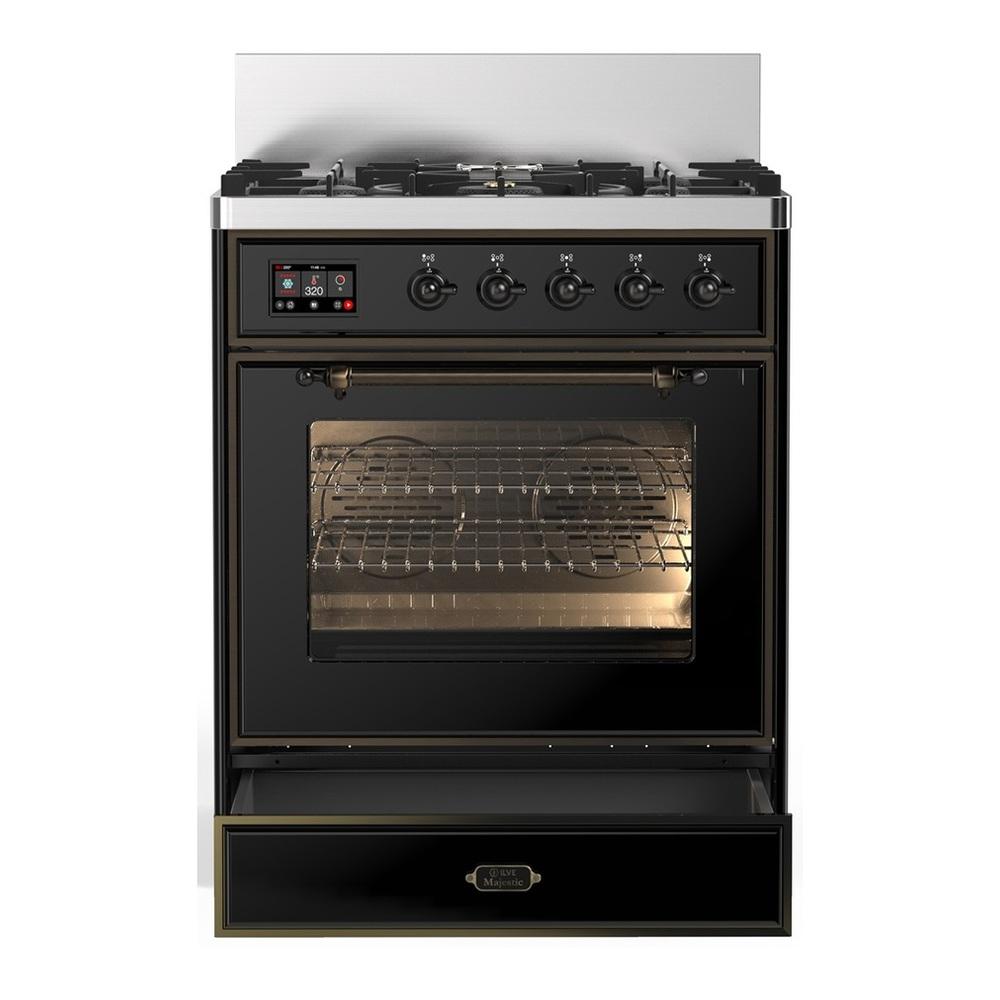 ILVE UM30NR3BKBLP Majestic III 30 inch Dual Fuel Range with 5 Black Brass Burners, Dual Function Burner up to 25,000 BTU (Liquid Propane, Triple Glass Door, Glossy Black, Burnished)