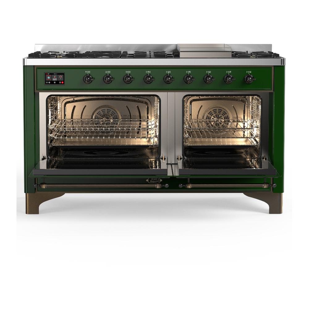 ILVE UM60FQNR3EGBLP Majestic III 60 inch Dual Fuel Range with 9 Burners and Griddle, Dual Function Burner up to 25,000 BTU (Liquid Propane, Solid Door, Emerald Green, Burnished)