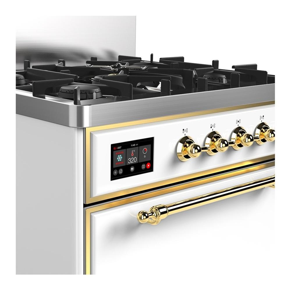 ILVE UM30QNR3WHG Majestic III 30 inch Dual Fuel Range with 5 Black Brass Burners, Dual Function Burner up to 25,000 BTU (Natural Gas, Solid Door, White, Brass)