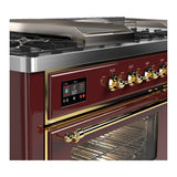 ILVE UM60FSNR3BUG Majestic III 60 inch Dual Fuel Range with 7 Burners, Griddle and French Top, Dual Function Burner with up to 25,000 BTU (Natural Gas, Triple Glass Door, Burgundy, Brass)