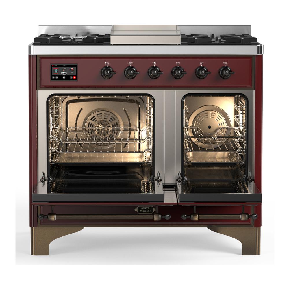 ILVE UMD40FNR3BUBLP Majestic III 40 inch Dual Fuel Range with 6 Burners and Griddle, Dual Function Burner up to 25,000 BTU (Liquid Propane, Triple Glass Door, Burgundy, Burnished)