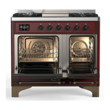 ILVE UMD40FNR3BUBLP Majestic III 40 inch Dual Fuel Range with 6 Burners and Griddle, Dual Function Burner up to 25,000 BTU (Liquid Propane, Triple Glass Door, Burgundy, Burnished)