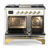 ILVE UMD40FQNR3WHG Majestic III 40 inch Dual Fuel Range with 6 Burners and Griddle, Dual Function Burner up to 25,000 BTU (Natural Gas, Solid Door, White, Brass)