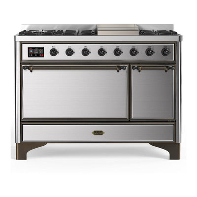 ILVE UM48FQNR3SSB Majestic III 48 inch Dual Fuel Range with 8 Burners and Griddle, Dual Function Burner up to 25,000 BTU (Natural Gas, Solid Door, Stainless Steel, Burnished)