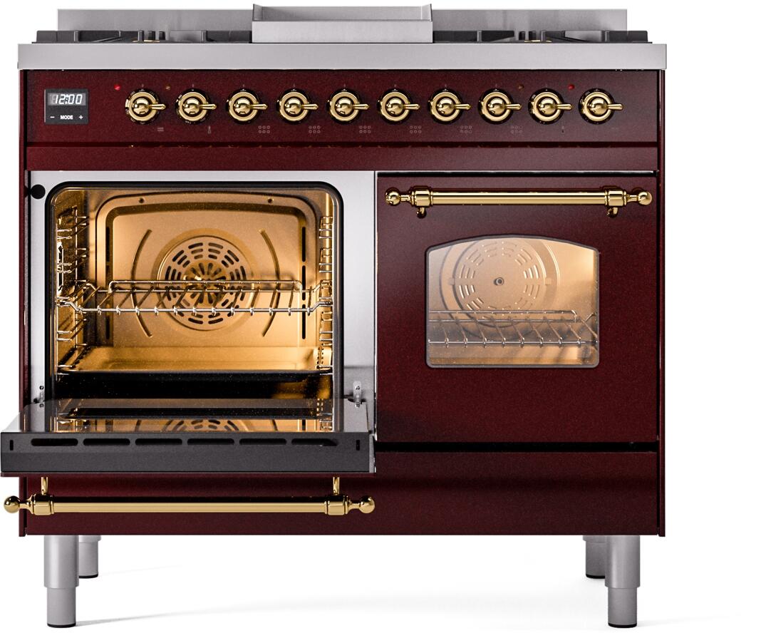 Nostalgie II 40 Inch Dual Fuel Liquid Propane Freestanding Range in Burgundy with Brass Trim