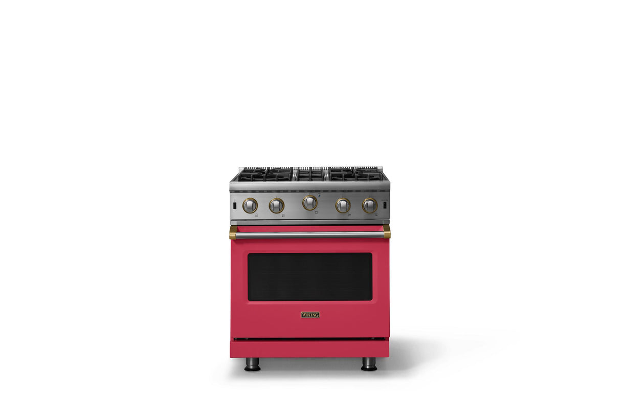 30"W. Open Burner Gas Range (Finish: Valentine, Trim: Brushed Brass, Fuel: Propane)
