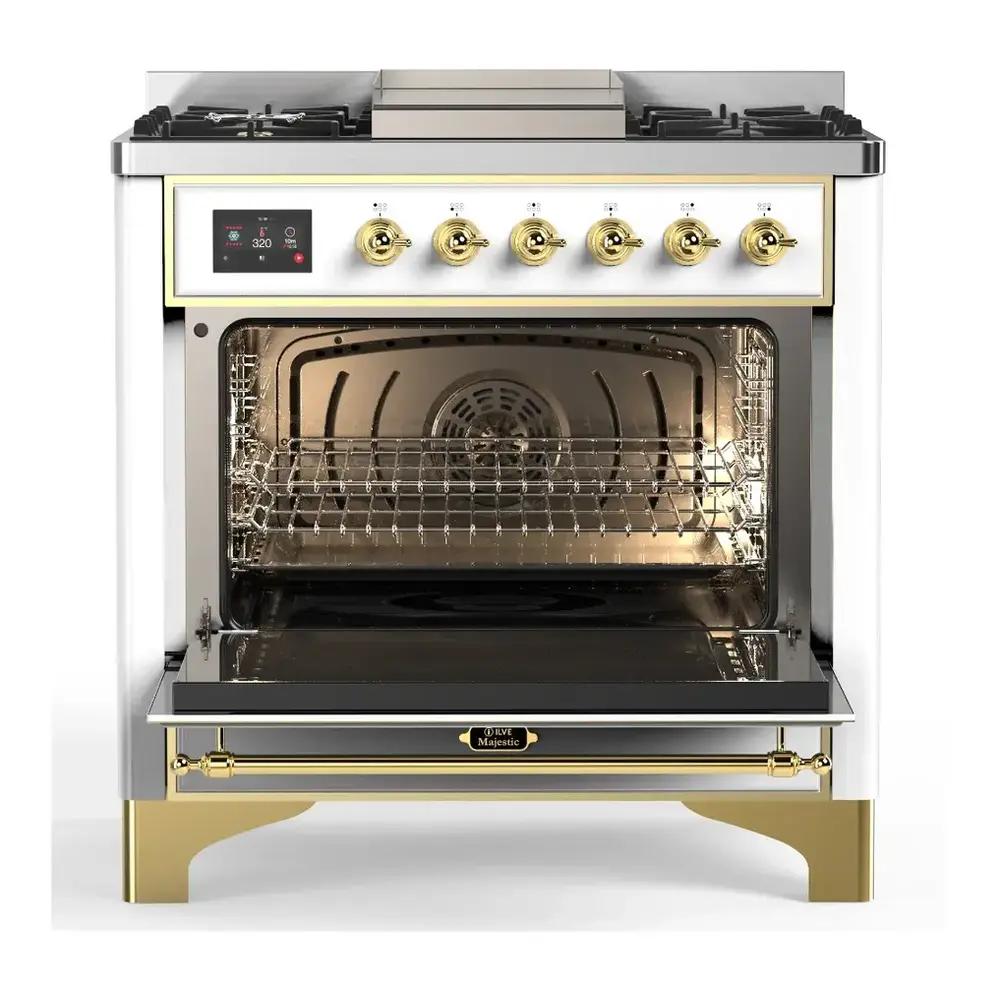 ILVE UM36FNR3RAGLP Majestic III 36 inch Dual Fuel Range with 6 Black Brass Burners and Griddle, Dual Function Burner up to 25,000 BTU (Triple Glass Door, RAL, Brass, Liquid Propane)