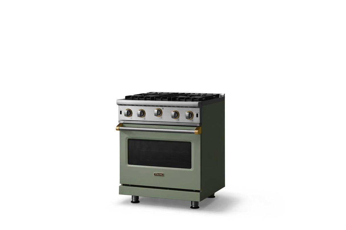 30"W. Open Burner Gas Range (Finish: Eucalyptus, Trim: Brushed Brass, Fuel: Natural Gas)