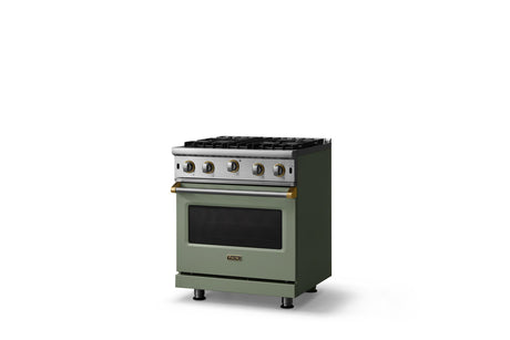 30"W. Open Burner Gas Range (Finish: Eucalyptus, Trim: Brushed Brass, Fuel: Propane)