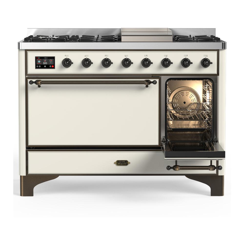 ILVE UM48FQNR3AWBLP Majestic III 48 inch Dual Fuel Range with 8 Burners and Griddle, Dual Function Burner up to 25,000 BTU (Liquid Propane, Solid Door, Antique White, Burnished)