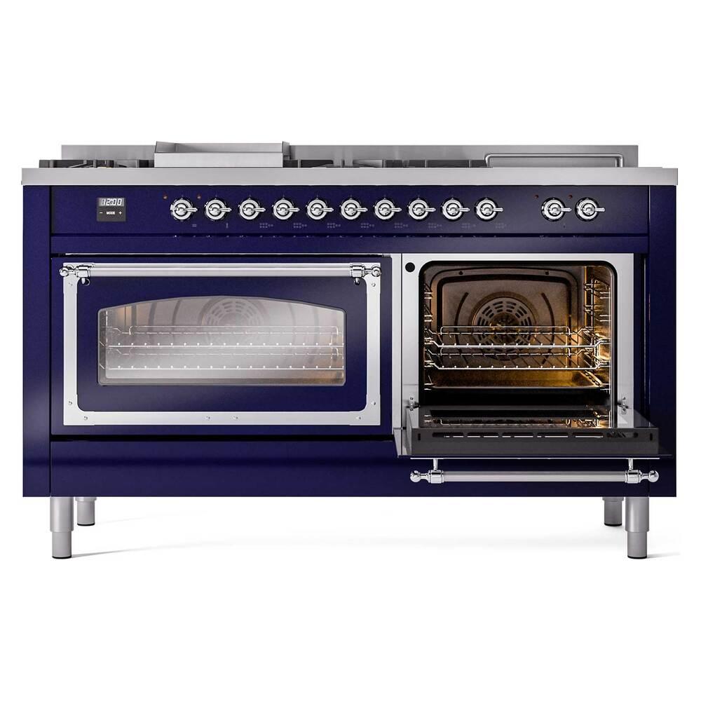 ILVE UN60FSNMPMBCLP Nostalgie II Noblesse 60 inch Dual Fuel Range (7 Sealed Burners + Griddle + French Top, Liquid Propane, Triple Glass Door, Midnight Blue, Chrome)