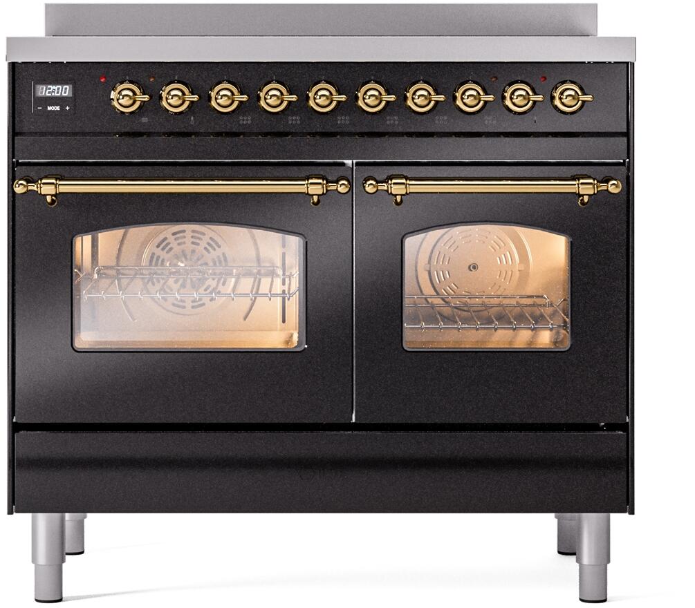 Nostalgie II 40 Inch Electric Freestanding Range in Glossy Black with Brass Trim