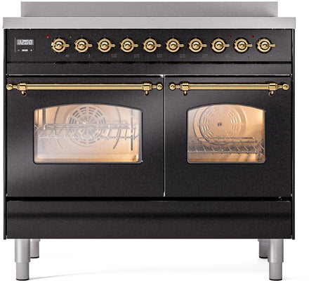 Nostalgie II 40 Inch Electric Freestanding Range in Glossy Black with Brass Trim