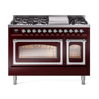 ILVE UN48FNMPBUC Nostalgie II Noblesse 48 inch Dual Fuel Range (8 Sealed Burners + Griddle, Natural Gas, Triple Glass Door, Burgundy, Chrome)