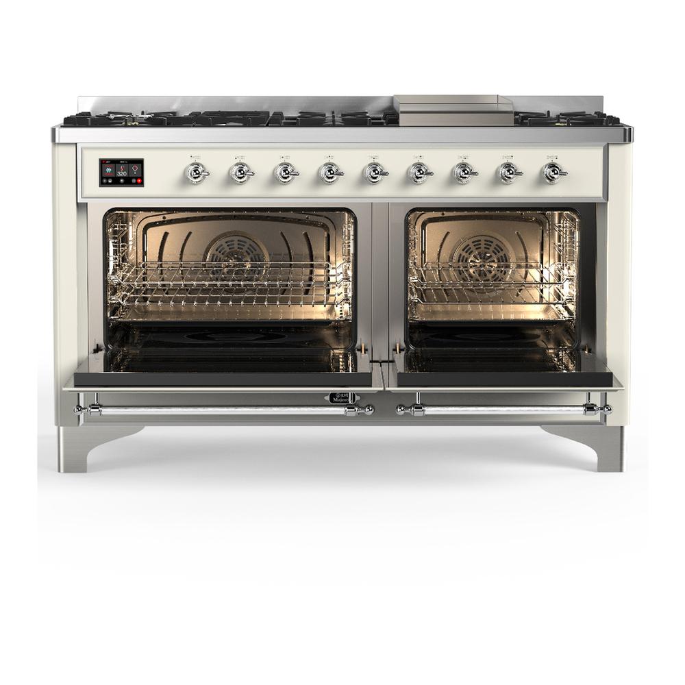 ILVE UM60FNR3AWCLP Majestic III 60 inch Dual Fuel Range with 9 Burners and Griddle, Dual Function Burner up to 25,000 BTU (Liquid Propane, Triple Glass Door, Antique White, Chrome)