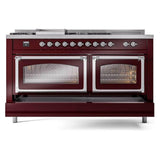 ILVE UN60FSNMPBUCLP Nostalgie II Noblesse 60 inch Dual Fuel Range (7 Sealed Burners + Griddle + French Top, Liquid Propane, Triple Glass Door, Burgundy, Chrome)