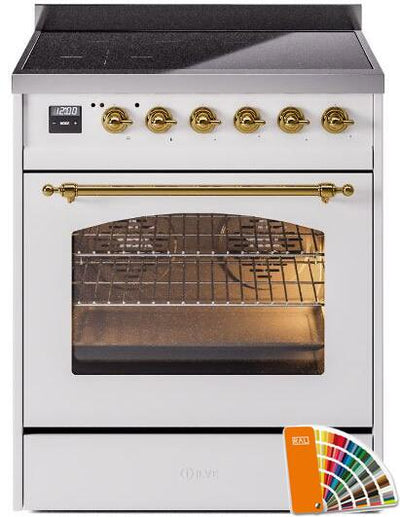 Nostalgie II 30 Inch Electric Freestanding Range in RAL Custom Color with Brass Trim