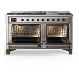 ILVE UM60FQNR3SSB Majestic III 60 inch Dual Fuel Range with 9 Burners and Griddle, Dual Function Burner up to 25,000 BTU (Natural Gas, Solid Door, Stainless Steel, Burnished)