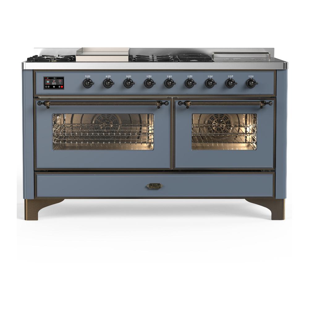 ILVE UM60FSNR3BGB Majestic III 60 inch Dual Fuel Range with 7 Burners, Griddle and French Top, Dual Function Burner with up to 25,000 BTU (Natural Gas, Triple Glass Door, Blue Grey, Burnished)