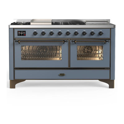 ILVE UM60FSNR3BGB Majestic III 60 inch Dual Fuel Range with 7 Burners, Griddle and French Top, Dual Function Burner with up to 25,000 BTU (Natural Gas, Triple Glass Door, Blue Grey, Burnished)