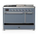 ILVE UM48FSQNR3BGCLP Majestic III 48 inch Dual Fuel Range with 5 Black Brass Burners, Griddle and French Top, Dual Function Burner up to 25,000 BTU (Liquid Propane, Solid Door, Blue Grey, Chrome)