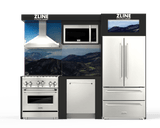 ZLINE Kitchen Vignette with a Stainless Steel Refrigerator, 36" Dual Fuel Freestanding Range, Stainless Steel Range Hood, 30" Over the Range Microwave, and Monument Style Dishwasher (VND-FCD-RA)