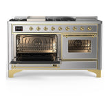 ILVE UM60FSNR3SSG Majestic III 60 inch Dual Fuel Range with 7 Burners, Griddle and French Top, Dual Function Burner with up to 25,000 BTU (Natural Gas, Triple Glass Door, Stainless Steel, Brass)
