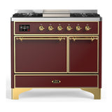 ILVE UMD40FQNR3BUG Majestic III 40 inch Dual Fuel Range with 6 Burners and Griddle, Dual Function Burner up to 25,000 BTU (Natural Gas, Solid Door, Burgundy, Brass)
