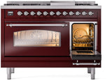 Nostalgie II 48 Inch Dual Fuel Natural Gas Freestanding Range in Burgundy with Chrome Trim