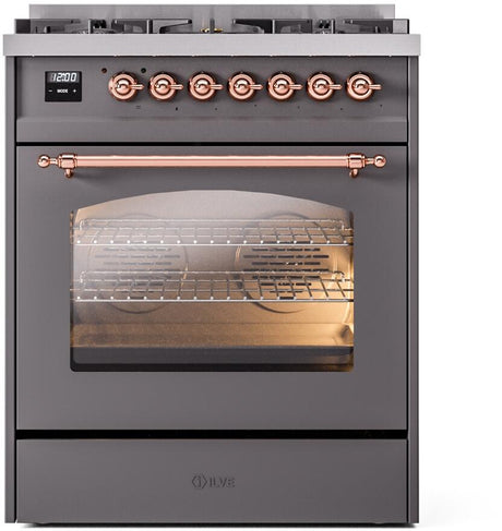 Nostalgie II 30 Inch Dual Fuel Natural Gas Freestanding Range in Matte Graphite with Copper Trim