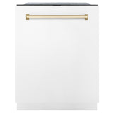 ZLINE 48 in. Autograph Edition Kitchen Package with Stainless Steel Dual Fuel Range with White Matte Door, Range Hood and Dishwasher with Polished Gold Accents (3AKP-RAWMRHDWM48-G)