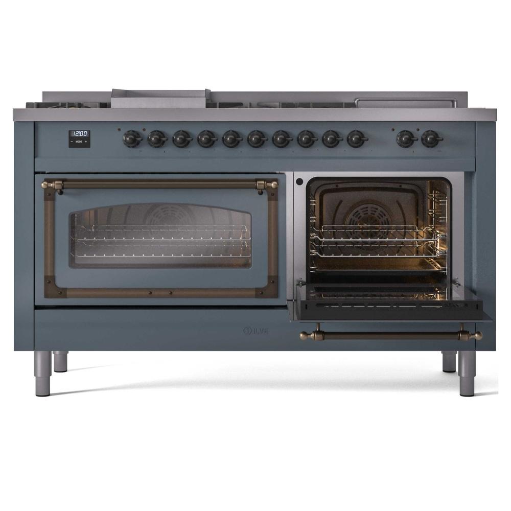 ILVE UN60FSNMPBGBLP Nostalgie II Noblesse 60 inch Dual Fuel Range (7 Sealed Burners + Griddle + French Top, Liquid Propane, Triple Glass Door, Blue Grey, Burnished)