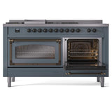 ILVE UN60FSNMPBGBLP Nostalgie II Noblesse 60 inch Dual Fuel Range (7 Sealed Burners + Griddle + French Top, Liquid Propane, Triple Glass Door, Blue Grey, Burnished)