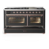 ILVE UM60FNR3MGP Majestic III 60 inch Dual Fuel Range with 9 Burners and Griddle, Dual Function Burner up to 25,000 BTU (Natural Gas, Triple Glass Door, Graphite Matte, Copper)