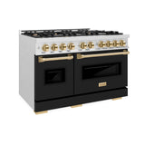 ZLINE Autograph Edition 48 in. 6.7 cu. ft. Classic Double Oven Dual Fuel Range with 8 Burner Gas Cooktop in DuraSnow' Stainless Steel with Black Matte Doors and Polished Gold Accents (CDRSZ-BLM-48-G)