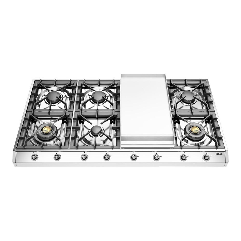 ILVE UHCP1265FNSSC Nostalgie II 48 inch Built-In Gas Cooktop with 8 Burners, Griddle, in Stainless Steel (Natural Gas, Chrome)