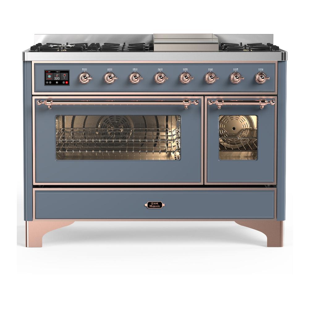 ILVE UM48FNR3BGPLP Majestic III 48 inch Dual Fuel Range with 8 Burners and Griddle, Dual Function Burner up to 25,000 BTU (Liquid Propane, Triple Glass Door, Blue Grey, Copper)