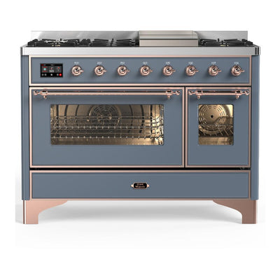 ILVE UM48FNR3BGPLP Majestic III 48 inch Dual Fuel Range with 8 Burners and Griddle, Dual Function Burner up to 25,000 BTU (Liquid Propane, Triple Glass Door, Blue Grey, Copper)