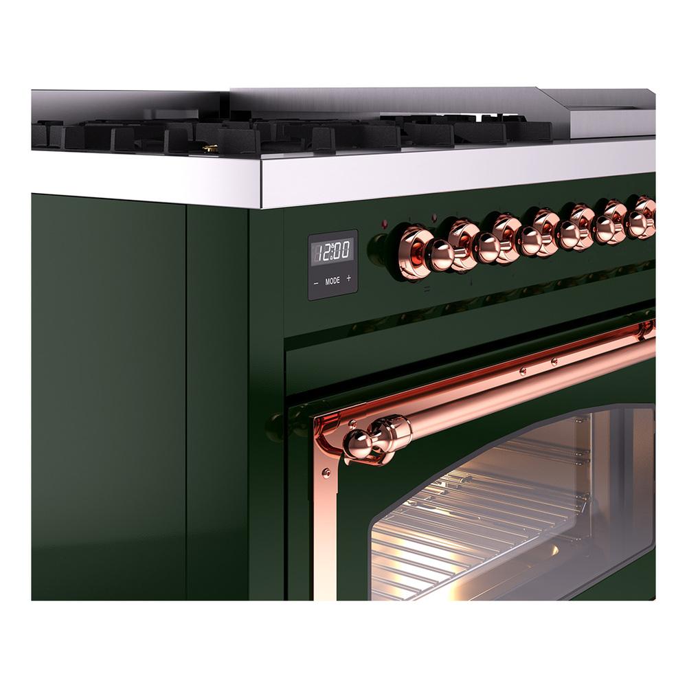 ILVE UN48FNMPEGPLP Nostalgie II Noblesse 48 inch Dual Fuel Range (8 Sealed Burners + Griddle, Liquid Propane, Triple Glass Door, Emerald Green, Copper)